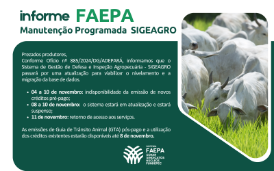 Informe Faepa: Manutenção Programada SIGEAGRO